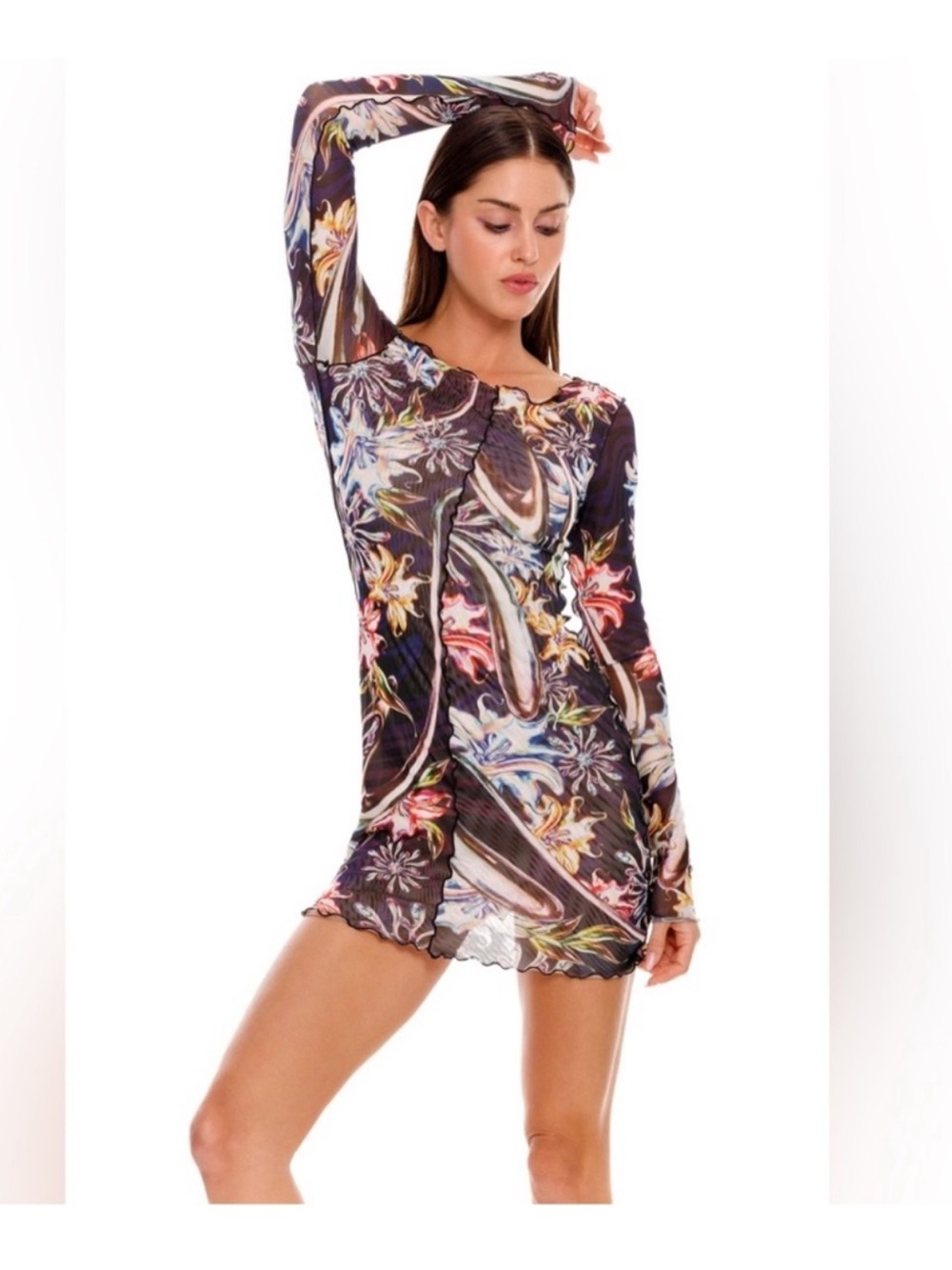 NWT Agua Bendita Hadley Floral Mesh Boat Neck Long Sleeve Mini Dress